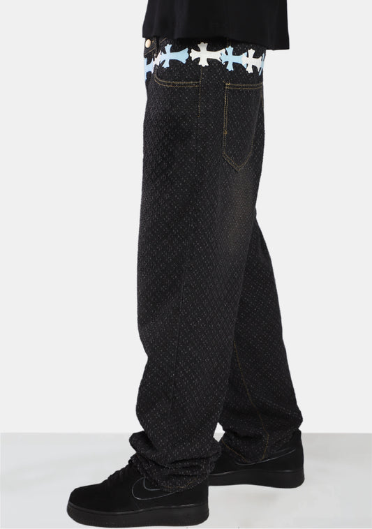 White/Blue Cross Waist Distressed Jeans