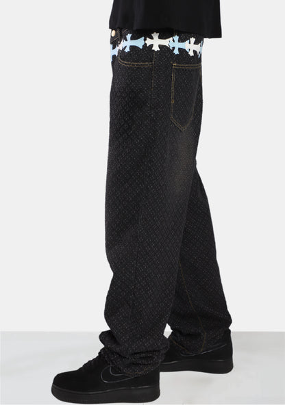 White/Blue Cross Waist Distressed Jeans