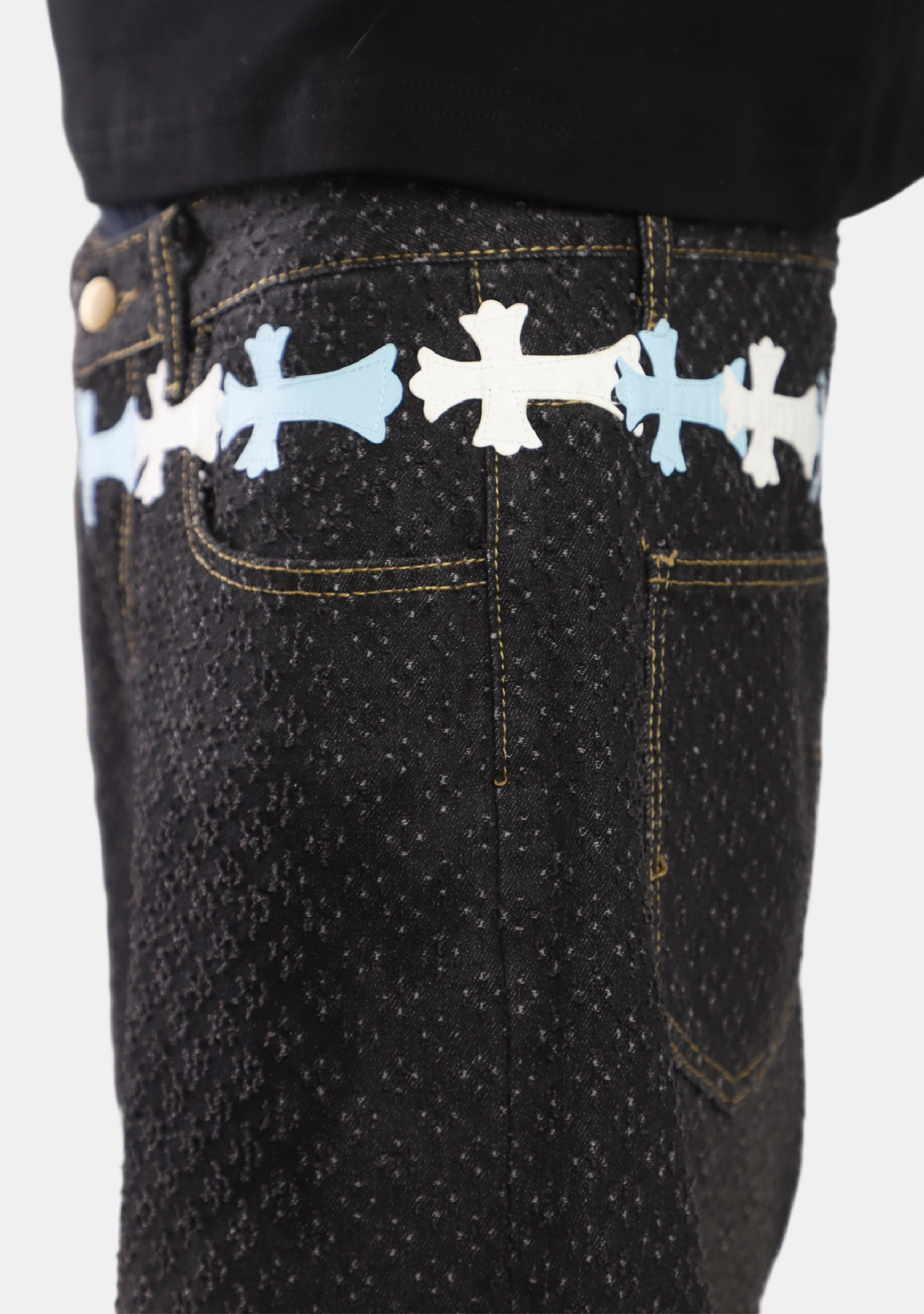 White/Blue Cross Waist Distressed Jeans