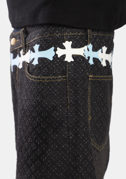 White/Blue Cross Waist Distressed Jeans
